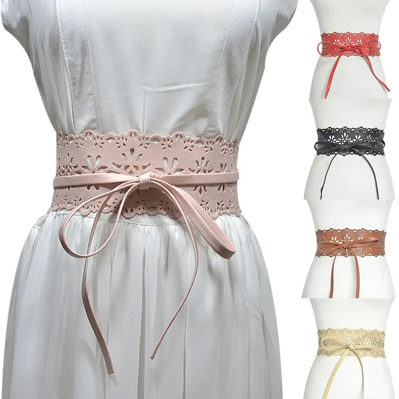 

Women Hollow PU Belt Flower Pattern Wide Bow Belt Soft Faux Leather Wide Belts Self Tie Wrap Waistband Decoration Long Waistband