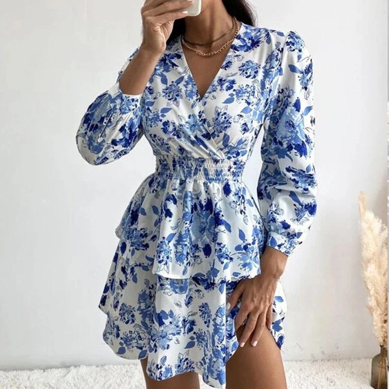 

Elegant Floral Printed Long Sleeve Dress Autumn V Neck Pleated A-Line Party Dress Women Fashion Waist Ruffles Slim Mini Dresses