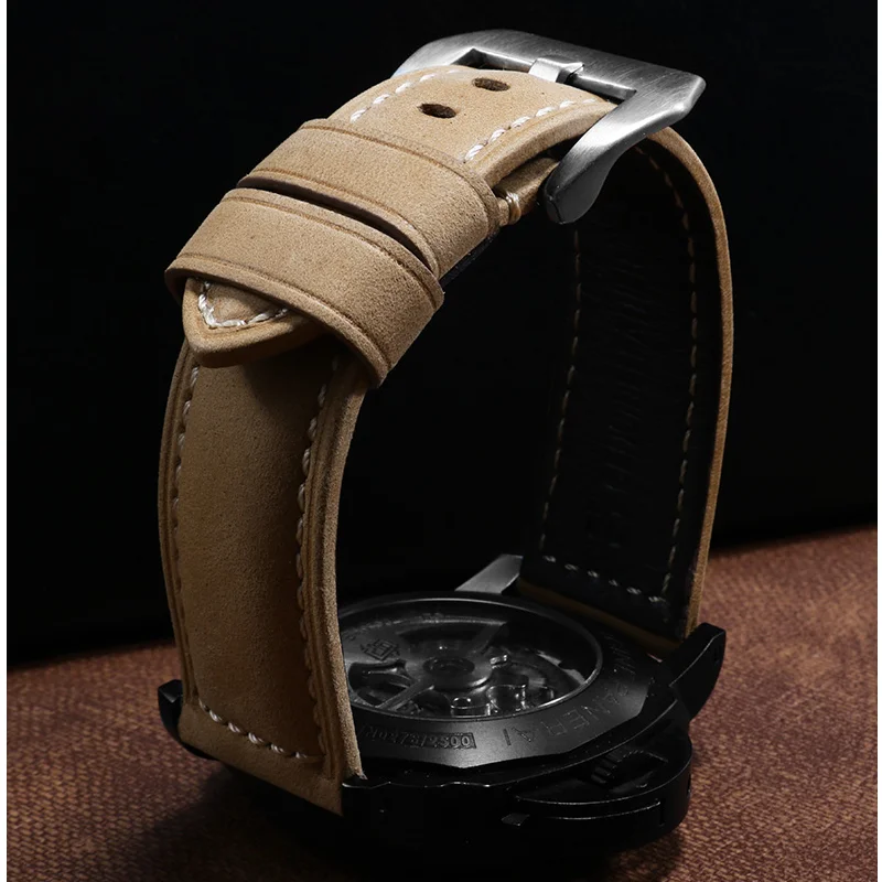 Crazy Horse Hide Handmade Strap ADAPTS Seagull Mechanical Watch 22/24/26mm Male Butterfly Clasp Leather Watchband