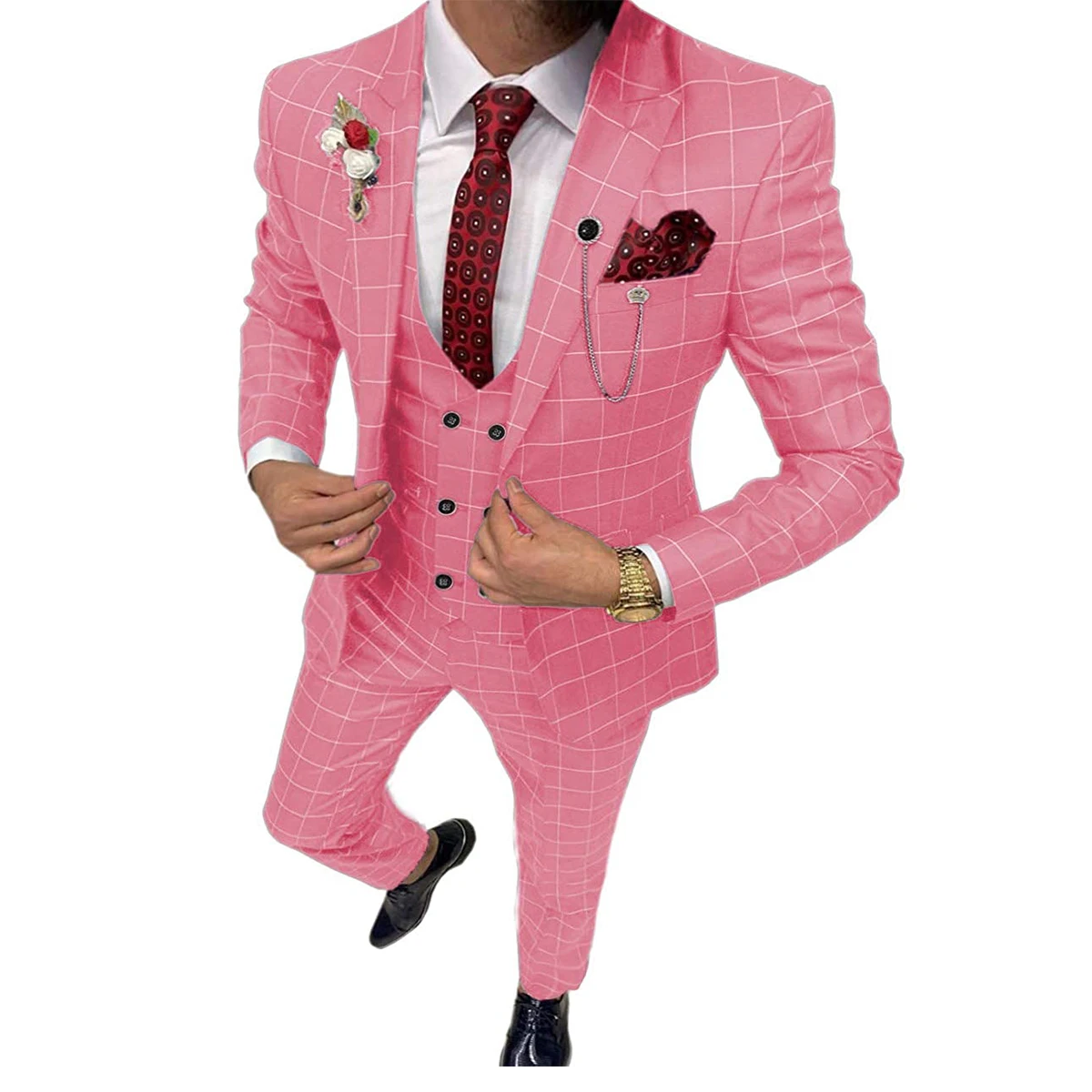 Pink Casual Men's Suit Slim Fit Type 3 Pieces Double Breasted Breathable TR Plaid Thin Prom Dress Jacket Party Travel