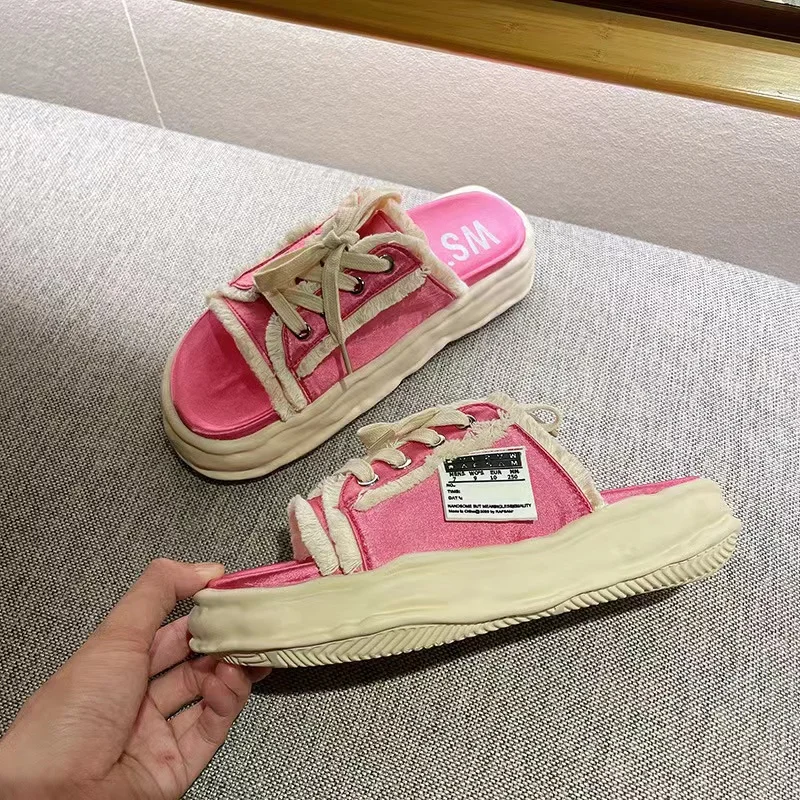 

2022 Fashion Women Canvas Sandals Breathable Summer Slippers Lace Up Open Toe Ladies Faux Denim Flat Shoes Zapatos Mujer