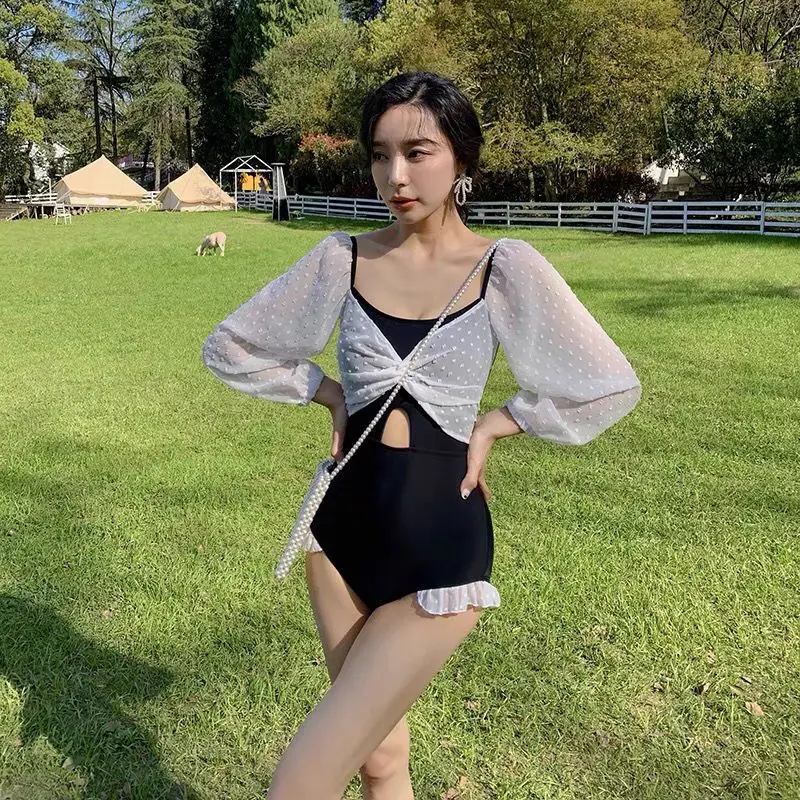 

One-Piece Swimsuit Female Korean Long-Sleeved Sexy Thin Hot Spring Breast Gathered Swim Suit 2021 New Fashion Summer Swimwear