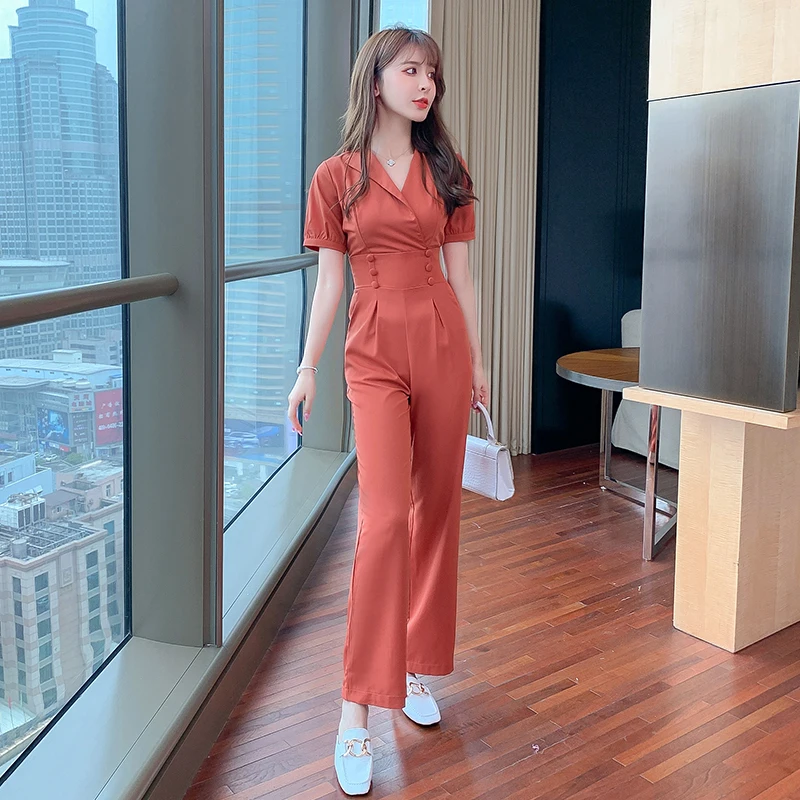 

Women 2022 Summer Short Sleeve Jumpsuit Female Elegant High Waist Pants Jumpsuits Office Lady Romper Casual Solid Overalls P46