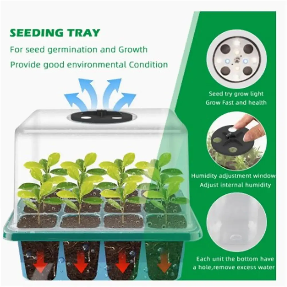 2022 5pcs Seedling Tray With Led Grow Lights Plant Seed Starter Tray Kit Greenhouse Growing Trays With Holes