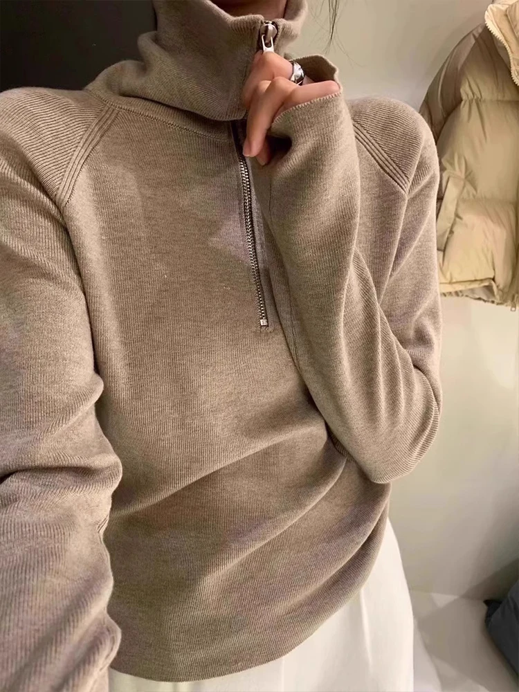 Gray Half Zipper Turtleneck Knitted Bottoming Shirt Women Winter Inner wear Design Sense Slim fit Sweater Long sleeve Fleece Top