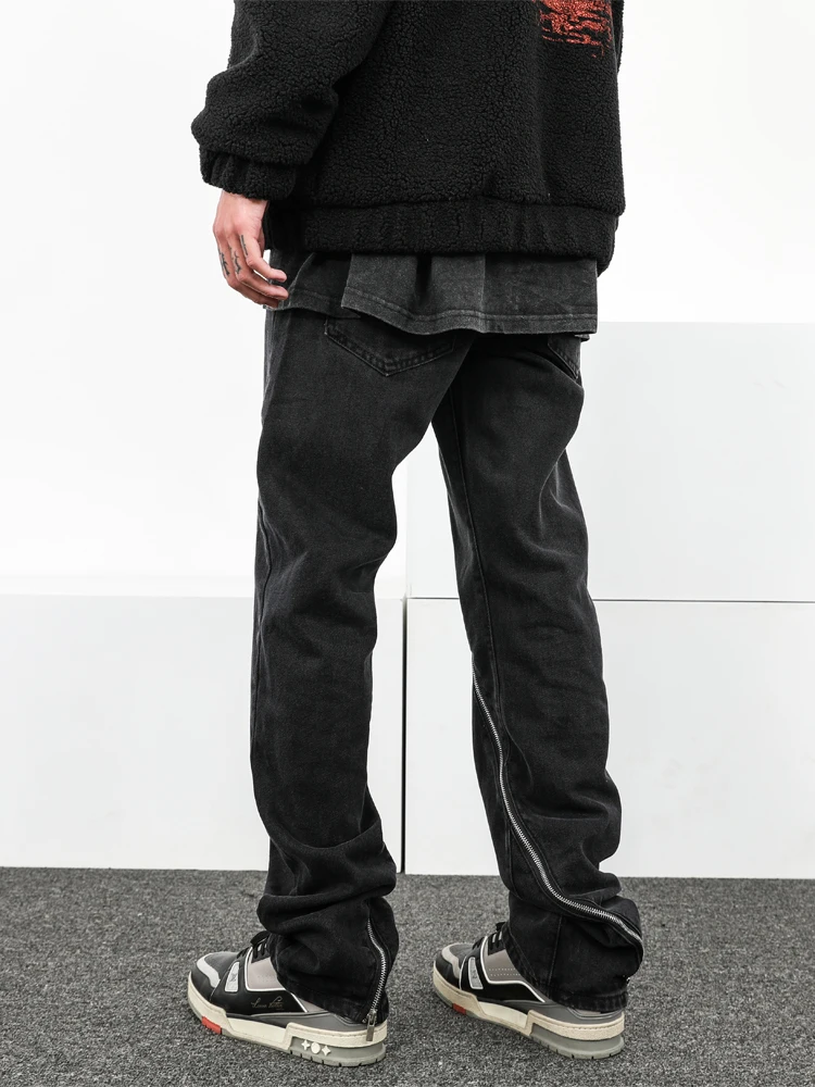 American Street Clothing Zipper Design Black Jeans Loose Straight Bar Wild Zipper Design Feel Casual Pants Hiphop Trousers MEN