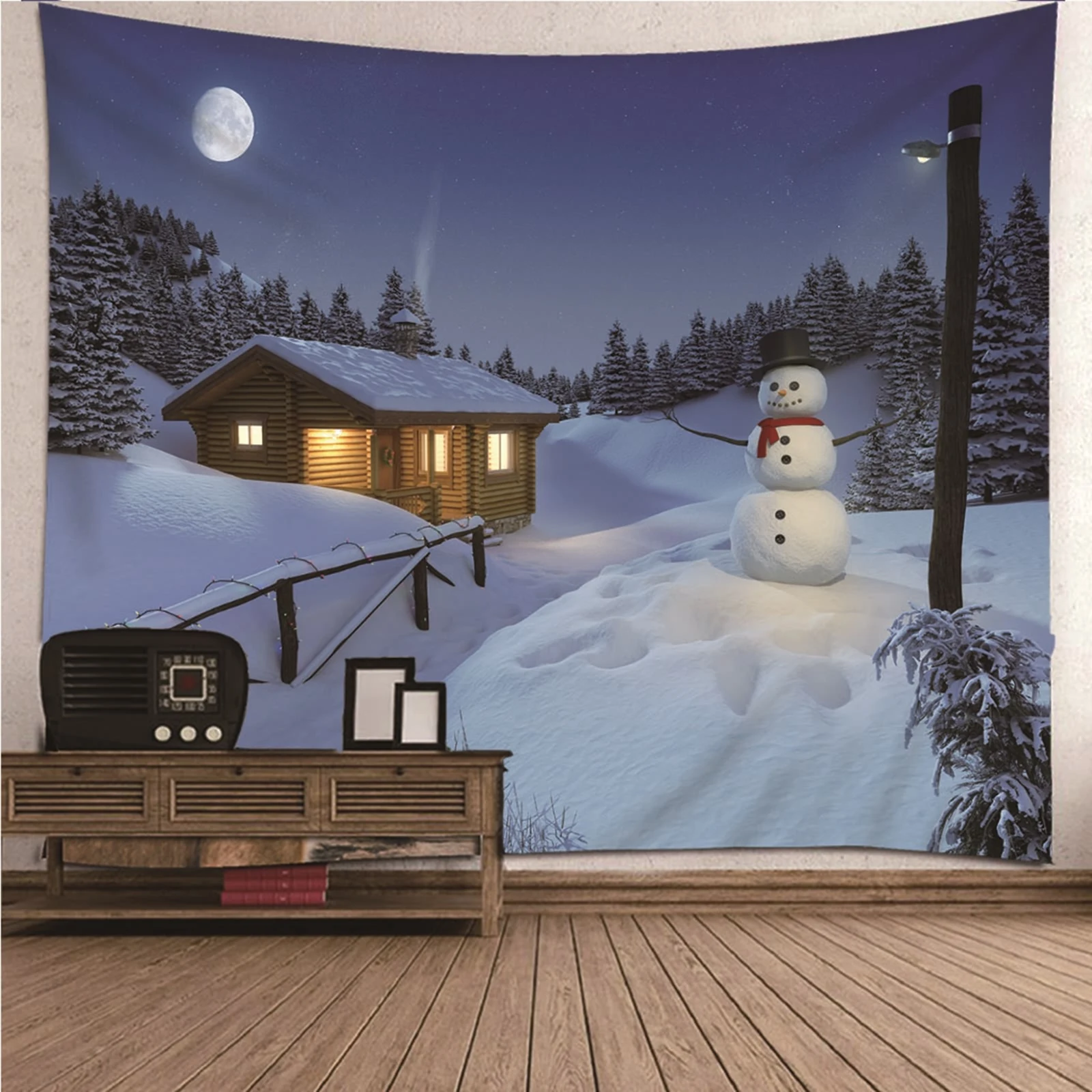 

Home Decor Home 3D Effect Tapestry natural scenery Night Wooden House & Snowman in the Forest Wall Hanging Dorm Art Decor