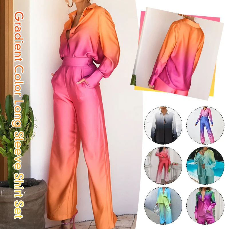 

Women Gradient Satin Shirt Straight Pants 2 Piece Set Suit Outfits Elegant Satin Long Sleeve Blouses Pants Lady Suit