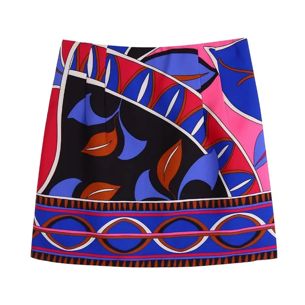

Huaxiafan Women Fashion With Darts Printed Mini Skirt Vintage High Waist Side Zipper Female Skirts Mujer