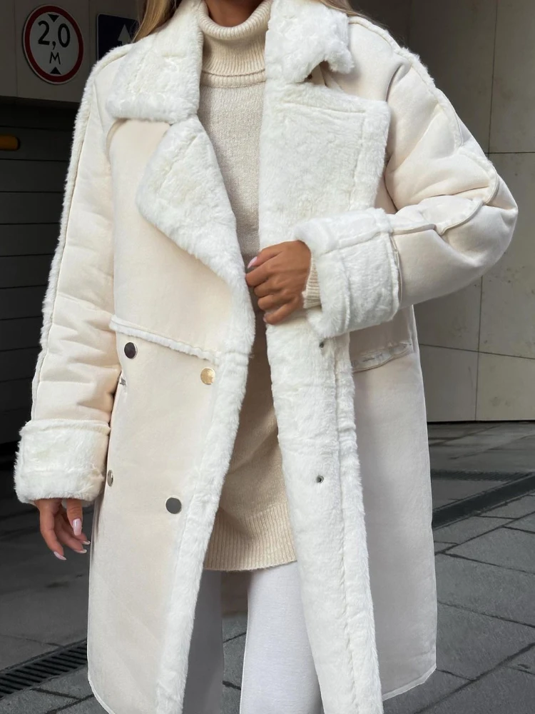 

Fitaylor/осенне-зимняя женская замшевая куртка из искусственной овечьей шерсти, Повседневная Свободная двубортная Длинная кожаная верхняя одежда