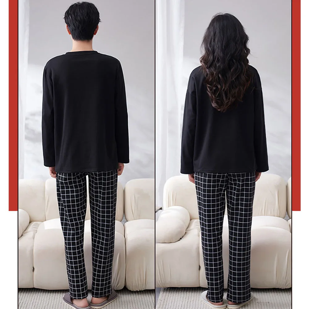 Spring Summer Couples Pajama Knitted Cotton Sleepwear Casual O Neck Loungewear Plaid Pijamas Pants Comfortable Pajamas for Men