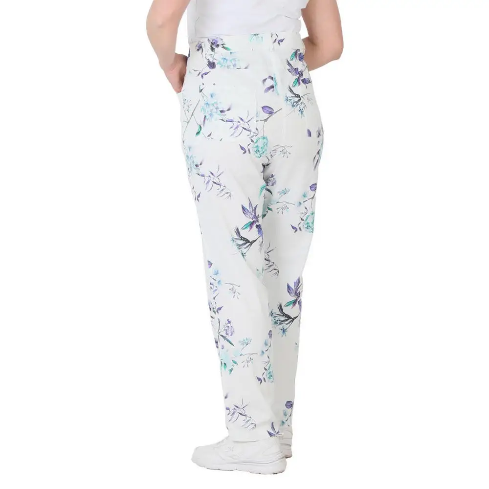 Fierte Women Large Size Pants CcEin Linen High Waist Straight Trotting Zipper Closure Sports Pocket Flower Pattern Summer Spring Slim Casual