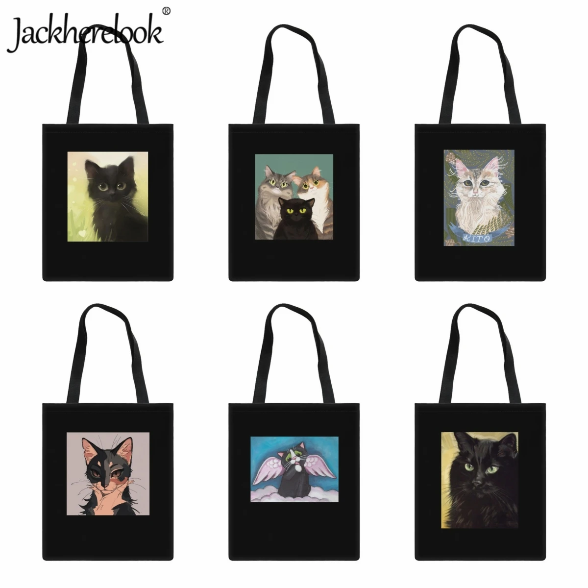 

Jackherelook Ladies Fashion Shoulder Bags Kawaii Black Kitten Pattern Printed Handbags for Women Simple Fashion Canvas Cloth Bag