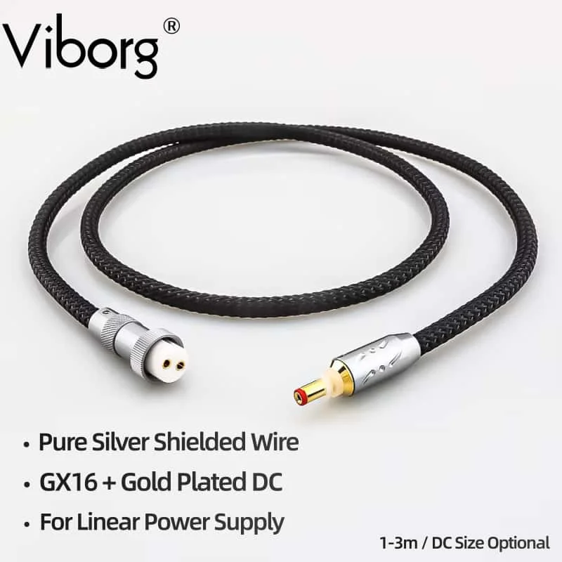 Фото Кабель питания Viborg из 100% чистого серебра с авиационным разъемом GX16-2 и разъемом DC 5.5мм*2.1мм/2.5мм для линейного подключения. №1
