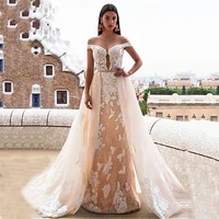 luxury detachable 2 in 1 wedding dress embroidered lace on net with train v neck sleeveless vintage bride gowns vestido de novia