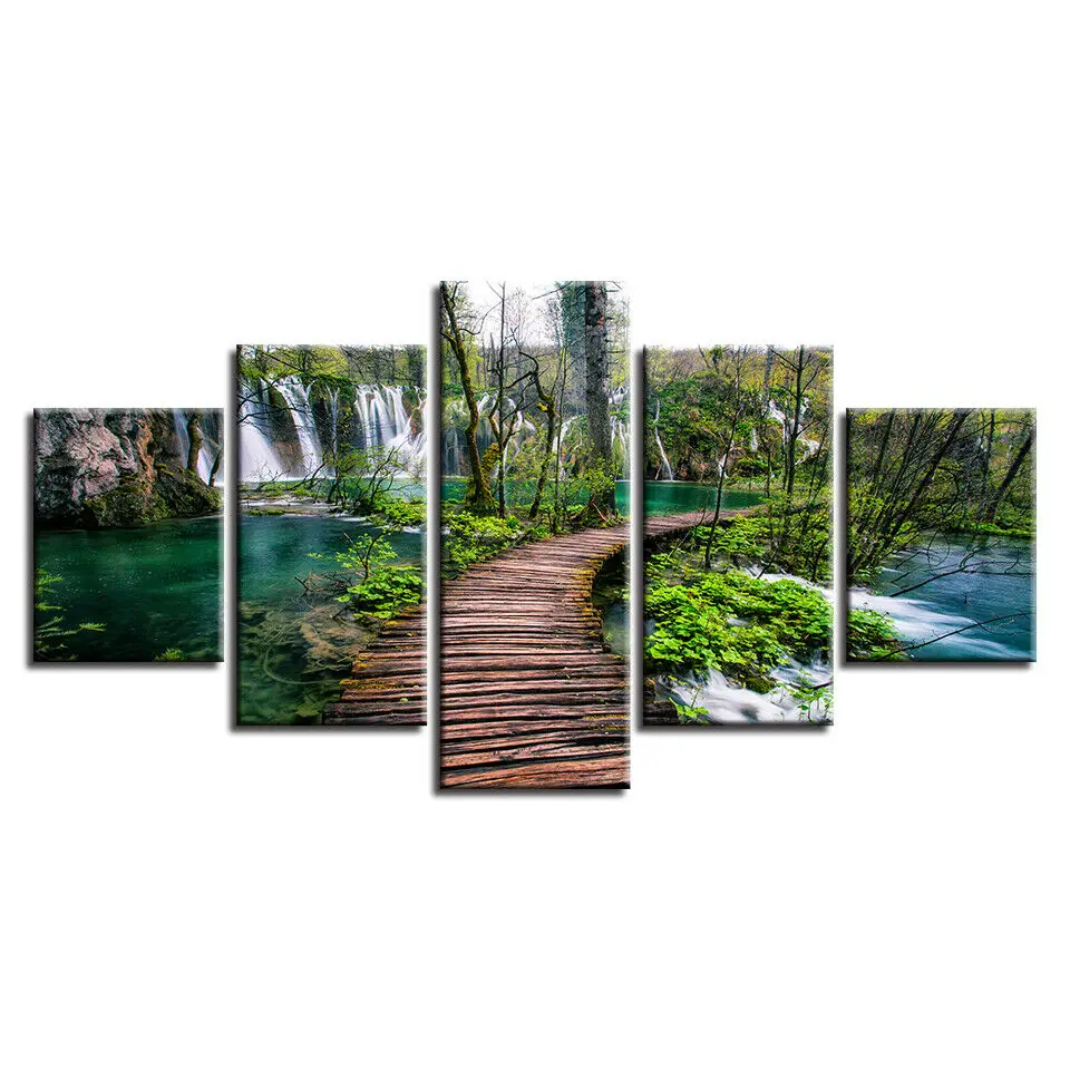 

No Framed Wooden Path Waterfall Forest 5Pieces Wall Art Print Canvas Posters PaintingS for Living Room Home Decor Pictures