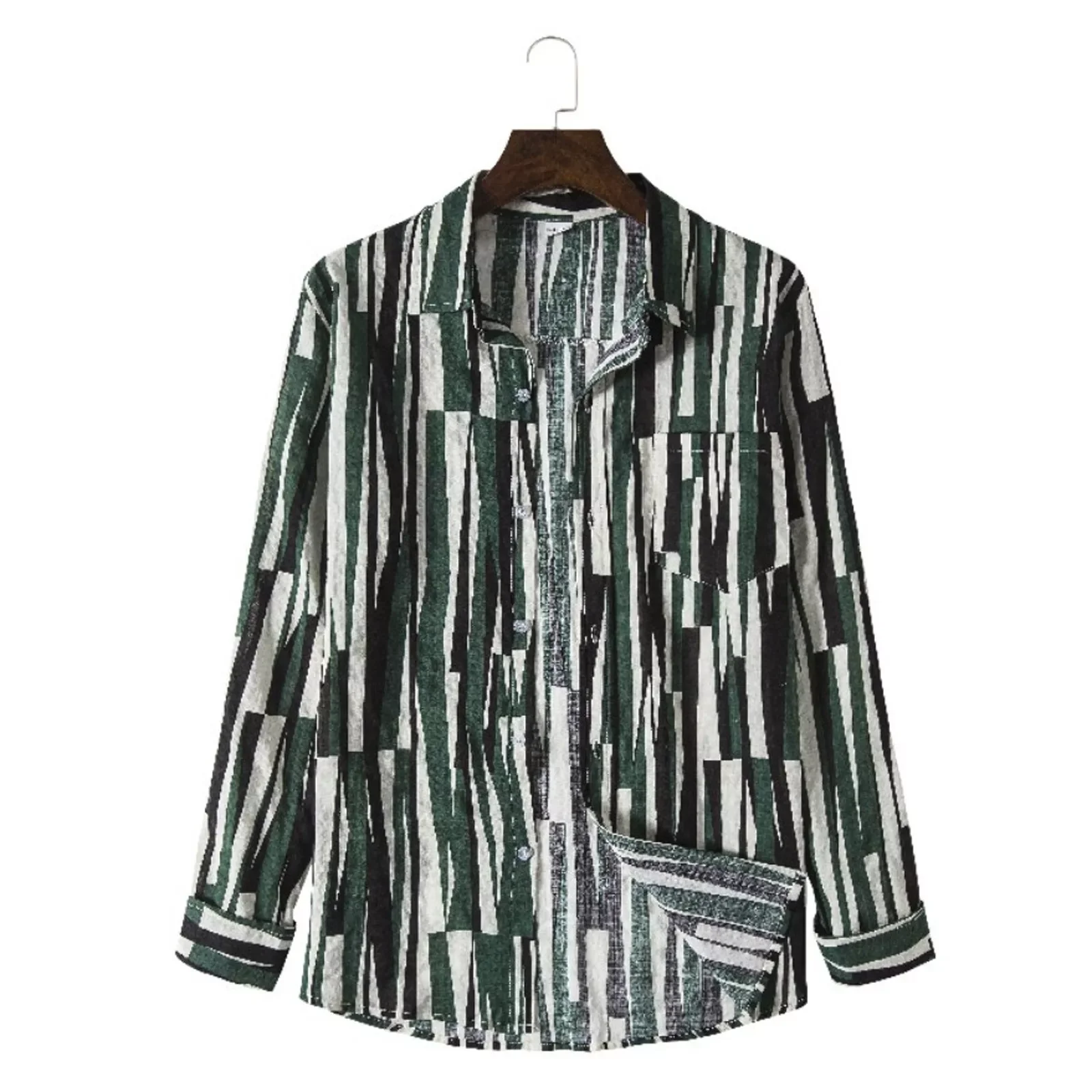 

Long-Sleeved Collar Printed Stand And Cotton Men's Linen Shirt Men Shirts Ethnic Cardigan Blouses Breathable Geometric