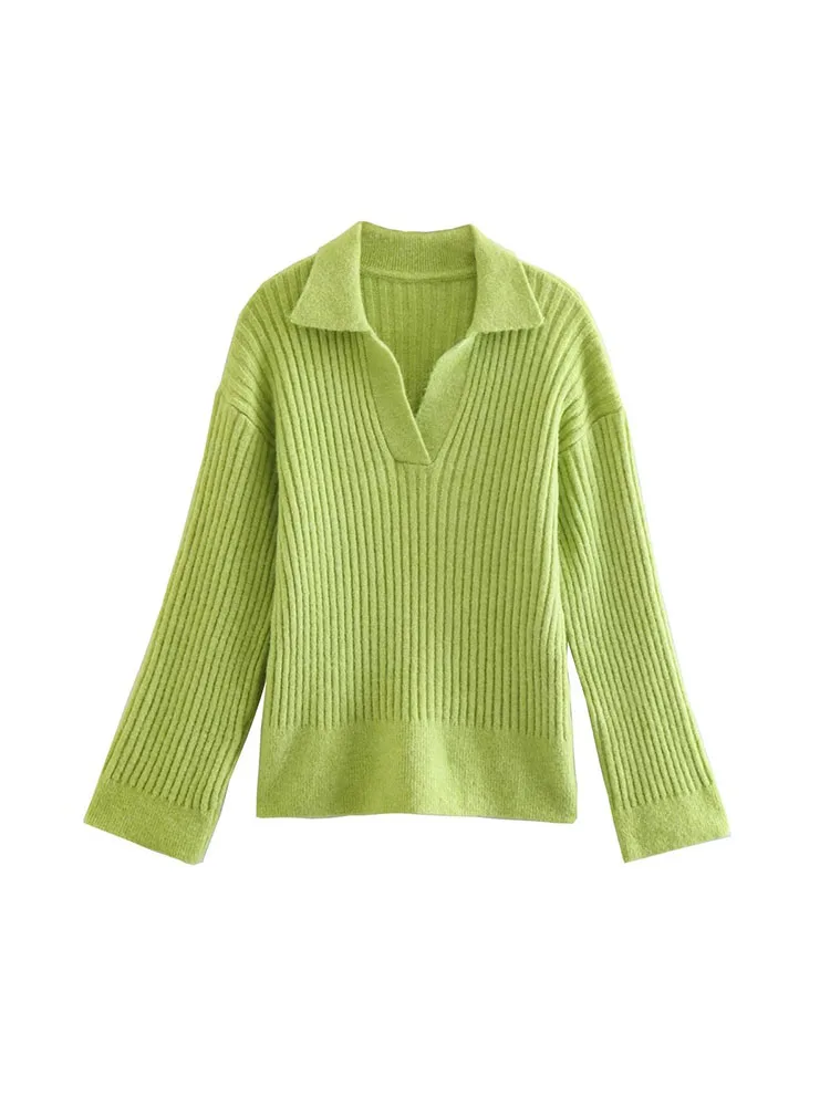 

Women 2022 Autumn New Fashion Ribbed Knitted Sweater Vintage PoLo Neck Long Sleeve Female Pullovers Chic Tops
