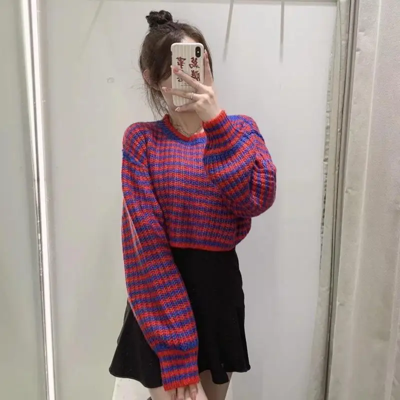 

Fashion Spring Autumn 2022 New Y2k Sexy Women Streetwear Lanterns Long Sleeves Short Loose Green Knitted Shirts Sweater Tops