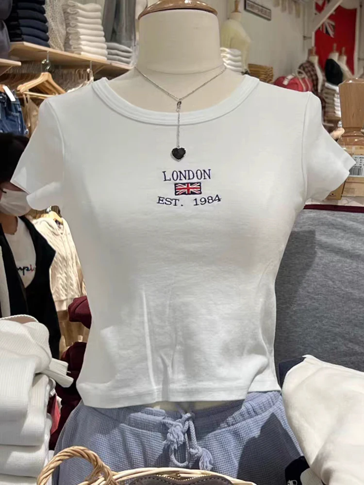 

Flag Embroidery Vintage Tee Tops Women Y2k Streetwear White Cotton Short Sleeve T Shirt Casual Harajuku Summer Slim Crop Top