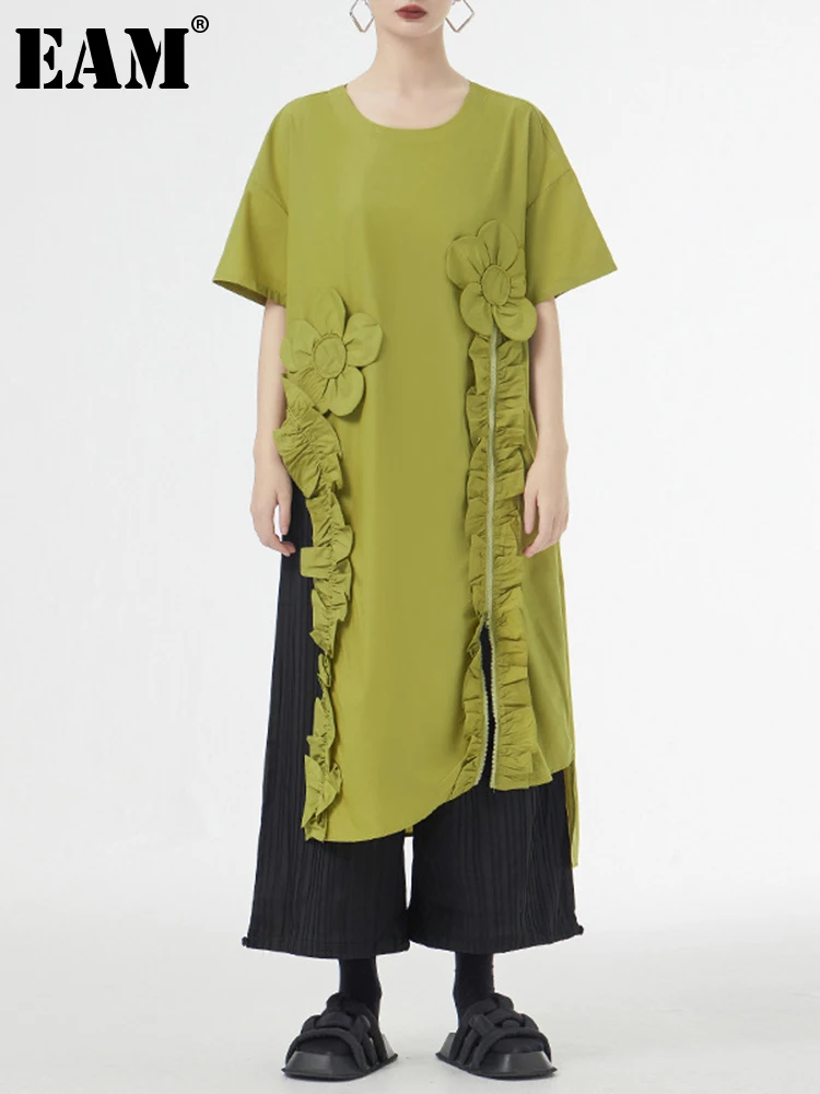 

[EAM] Womengreen Ruffles Flower Slit Long Big Size T-shirt New Round Neck Short Sleeve Fashion Tide Spring Summer 2023 1DF8067