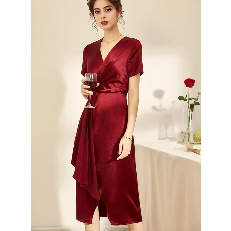 

Flame of dream Summer New Elegant Women's Dress Solid Triacetic Acid V-neck Short Sleeved Dress 22508