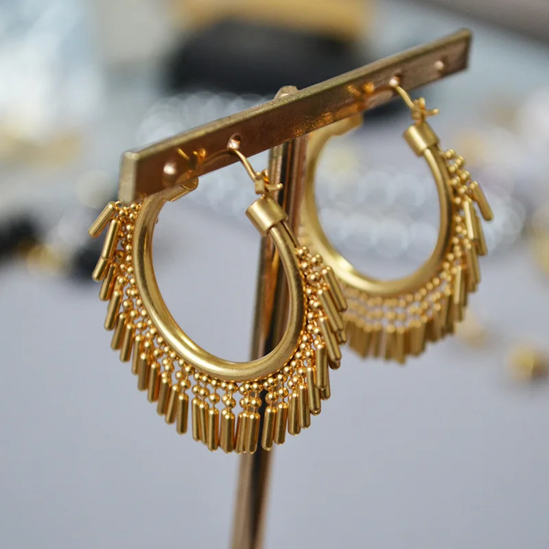 

Brass With 18K Retro Luxy Tassel Hoop Earrings Women Jewelry Punk Party T Show Gown Runway Trendy Korean Japan Israel INS