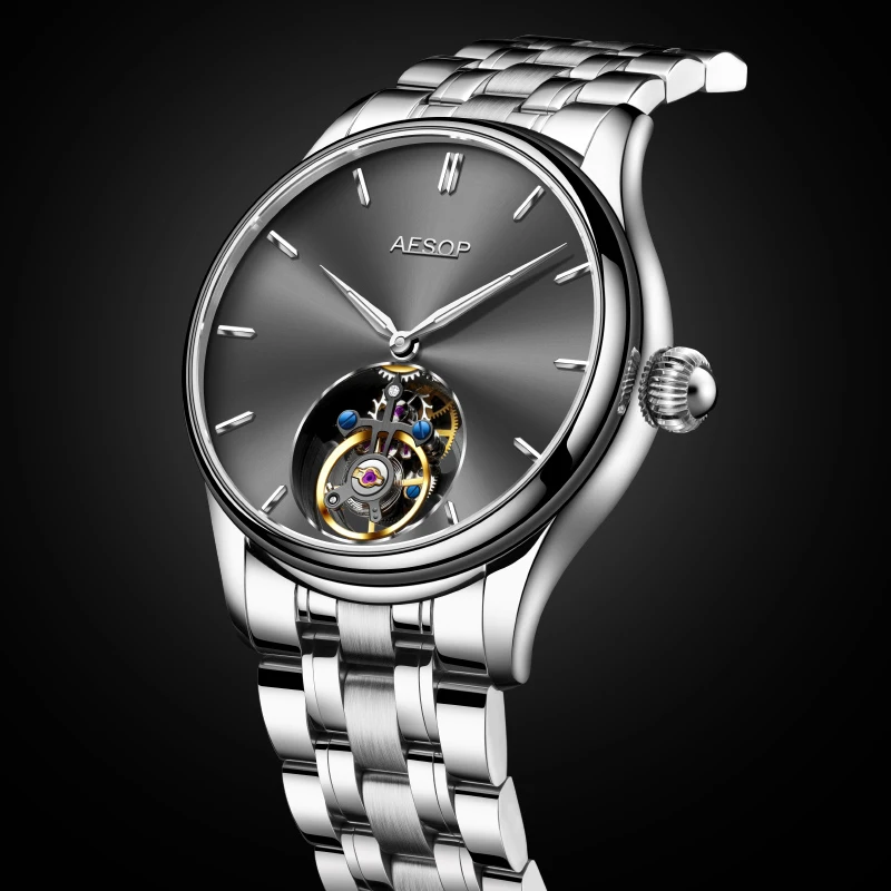

AESOP Men's Original Mechanical Skeleton Tourbillon Wristwatch Sapphire Manual Winding Fine Steel Strap Men Watch Montre Homme
