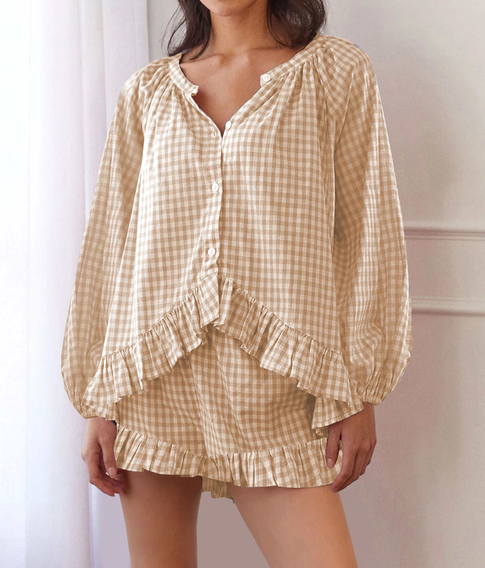 Женский пижамный комплект GuliriFei из 2 предметов клетчатая рубашка с коротким