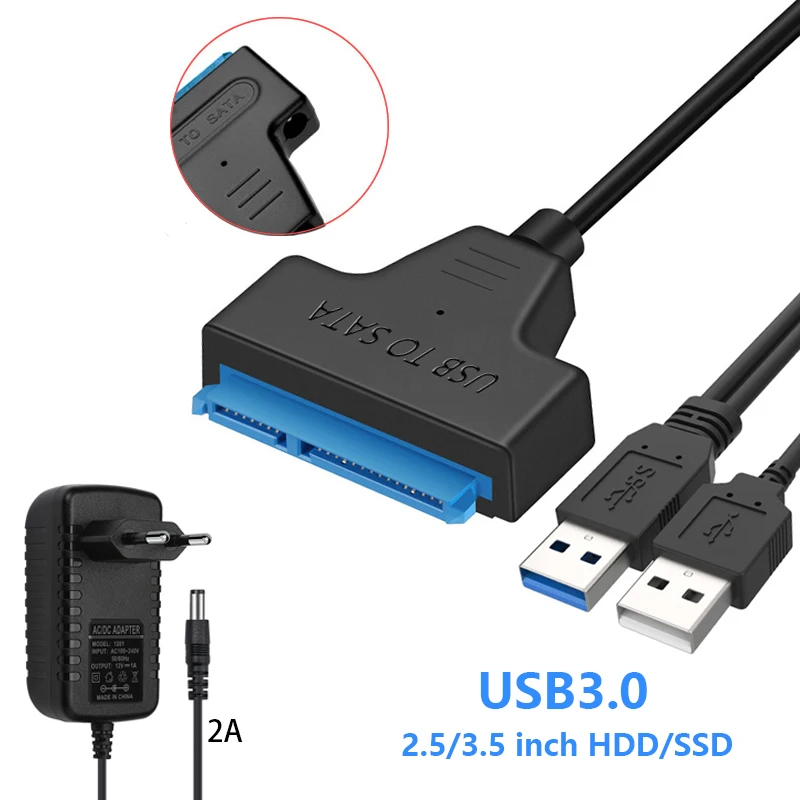 Cable Sata a USB 3,0 con adaptador de fuente de alimentación, disco duro externo SSD HDD de 2,5 pulgadas, adaptador de 22 Pines, 3,5