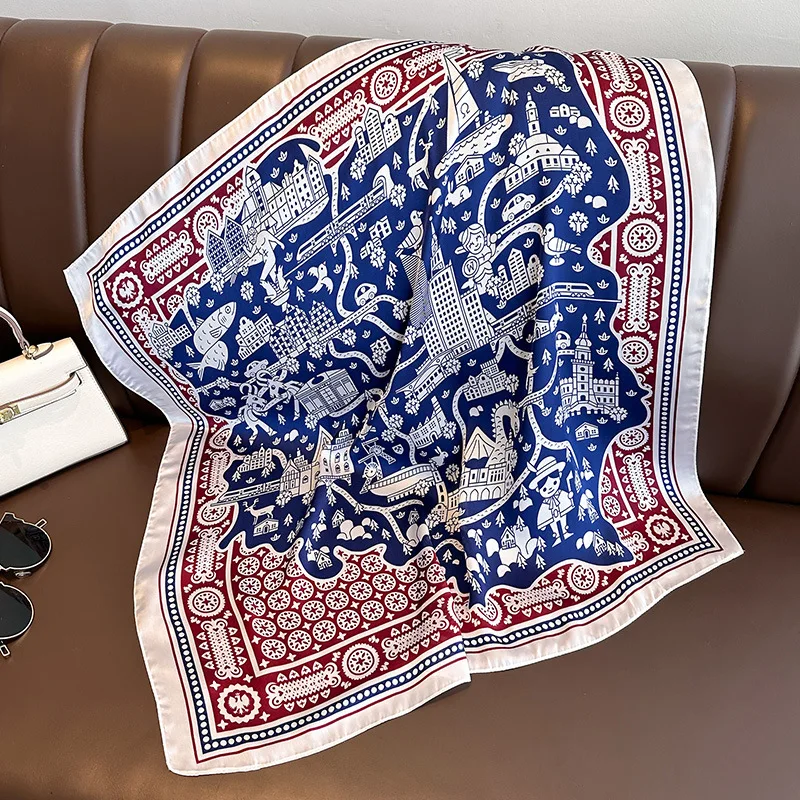 

Faux Silk Scarf Square Bandana Man Women Fashion Geometric Building Turban Stylish Headband 70*70cm