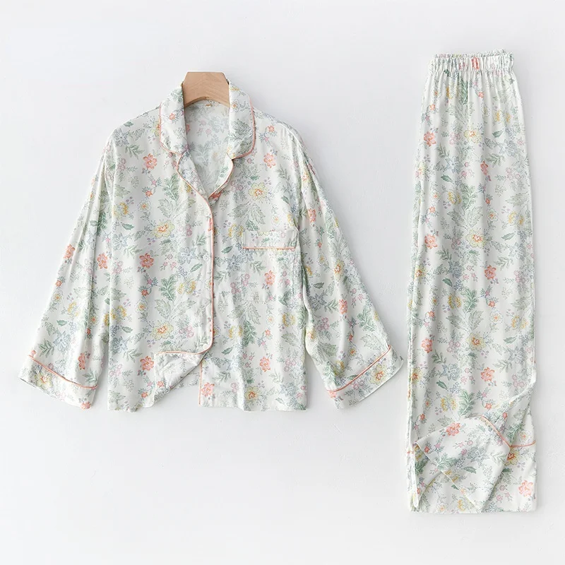 

Cotton Small Flower Print Ladies Pajamas Set for Fall and Winter Viscose Green Color Home Pajamas Long-sleeved Trousers Suit