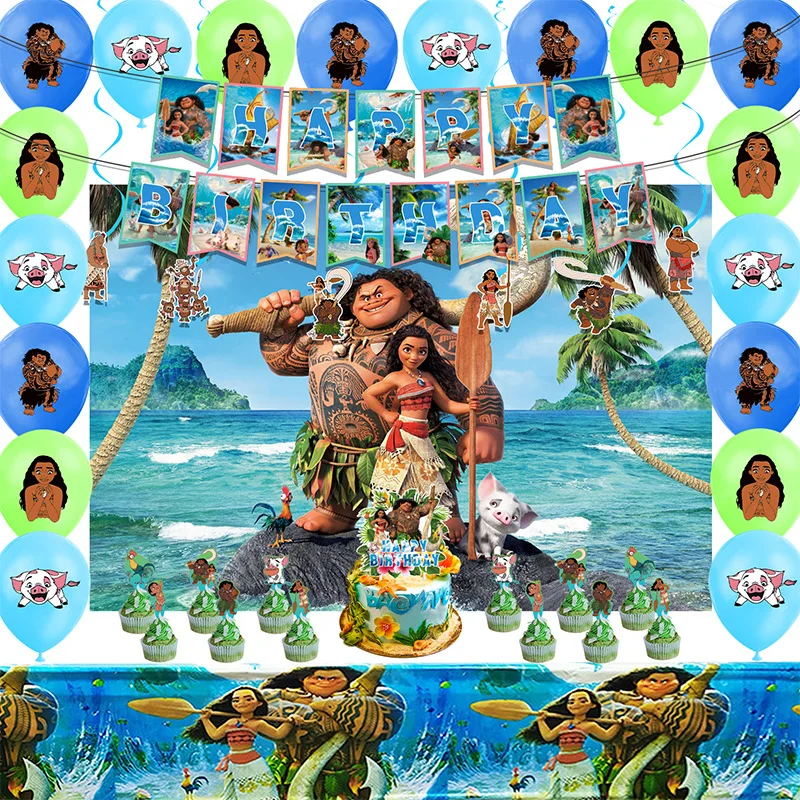

Disney Moana Theme Party Supplies Paper Banner Cake Topper Melody Latex Balloons Happy Birthday Inscription Favors for Kids