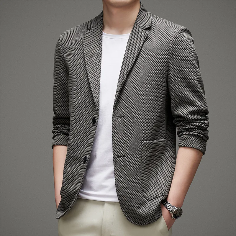 

HOO 2022 Men's Slim Fit Handsome Casual Honeycomb Plaid Suit Youth Double Buckle Non-Ironing blazer