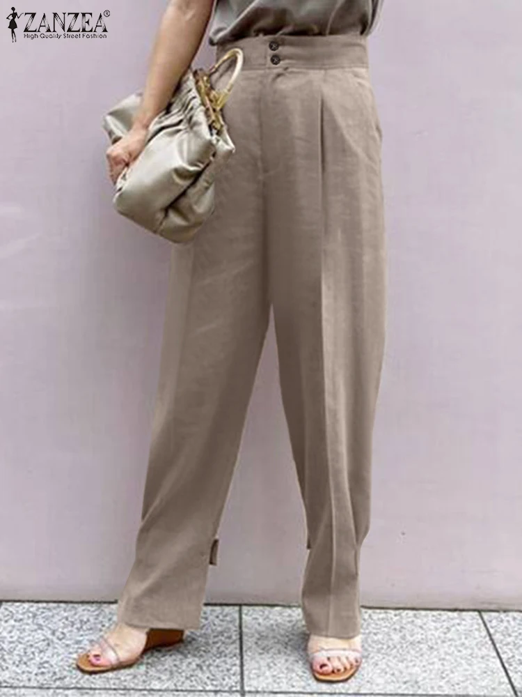

Женские элегантные длинные брюки ZANZEA, весенние однотонные свободные шаровары с высокой талией, модные брюки большого размера с имитацией р...