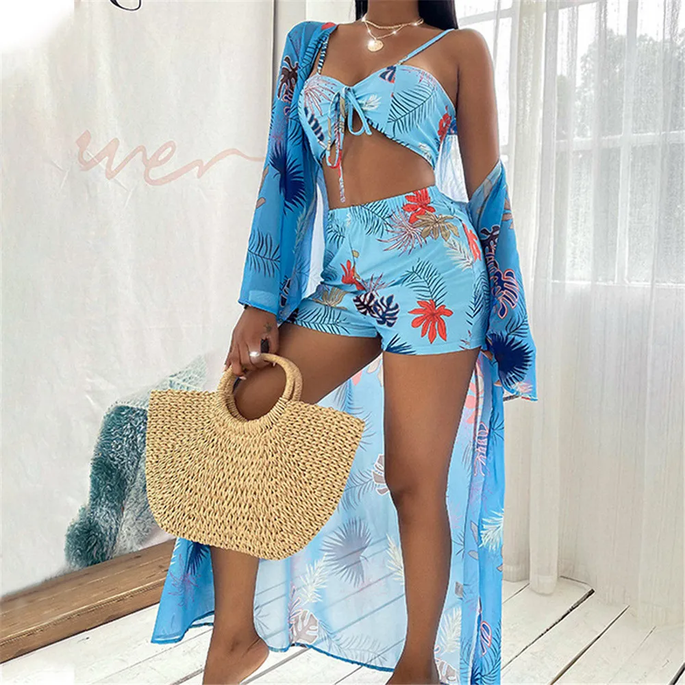 

Swimwear Three-piece Jacket Bikini Split Swimsuit Female Bikini Fashion Printing Beach Swimsuit Summer Brazil 2022 New