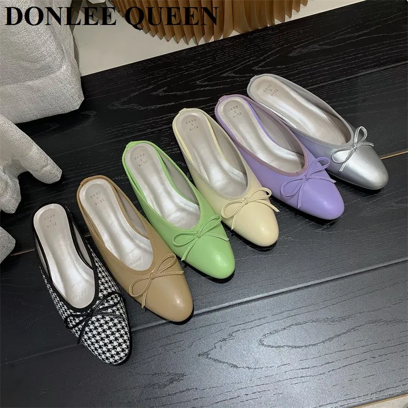 

Fashion Candy Color Mule Shoes Women Slippers Flat Close Toe Slides Casual Flip Flops Sweet Bow Tie Sandals 2022 Summer Footwear