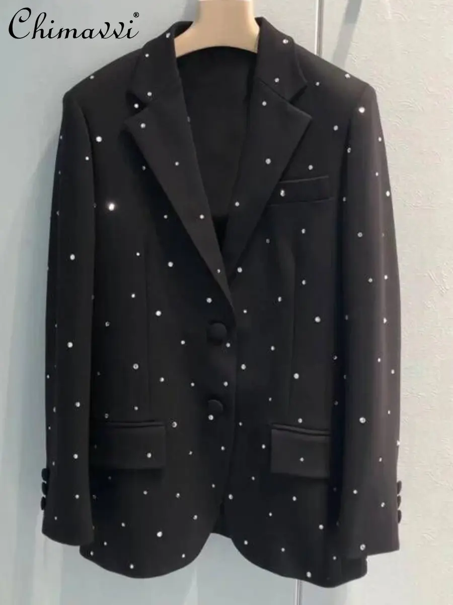 

Autumn Winter New Fashion Casual Black Suit Jacket Starry with Diamonds Heavy Industry High-Grade Loose Slimming Elegant Coat