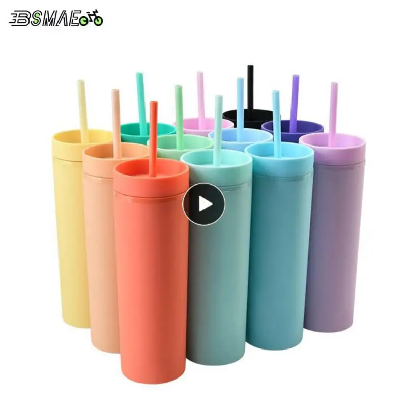 

450ml Double-layer Plastic Frosted Water Cup 16OZ Sports Cup Straight Straw Cup Outdoor Travel Portable Leakproof Drinkware