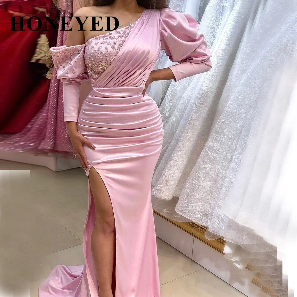 

Pink Mermaid Prom Dresses One Shoulder Side Split Sweep Train Beads Pleats Long Formal Women Evening Party Gowns Robes De Soirée