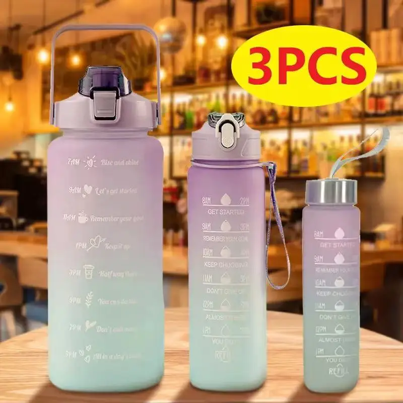 

2 Liters Water Bottle Motivational Drinking Bottle Sports Water Bottle With Time Marker 3pcs/set Portable Reusable Plastic Cups