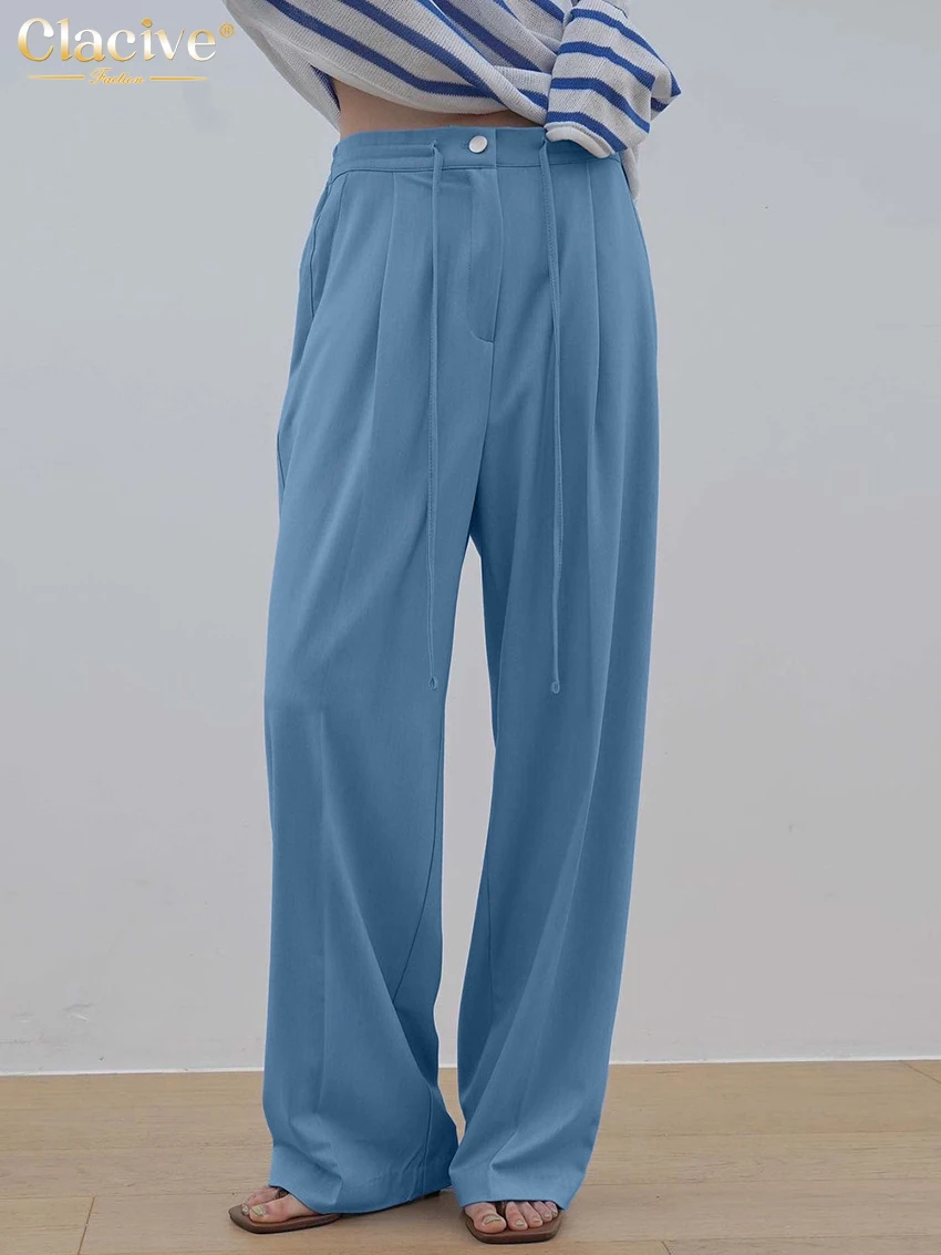 

Clacive Fashion Loose Blue Women'S Pants 2023 Elegant Office Lady Straight Pants Casual Lace-Up Full Length Trousers Female