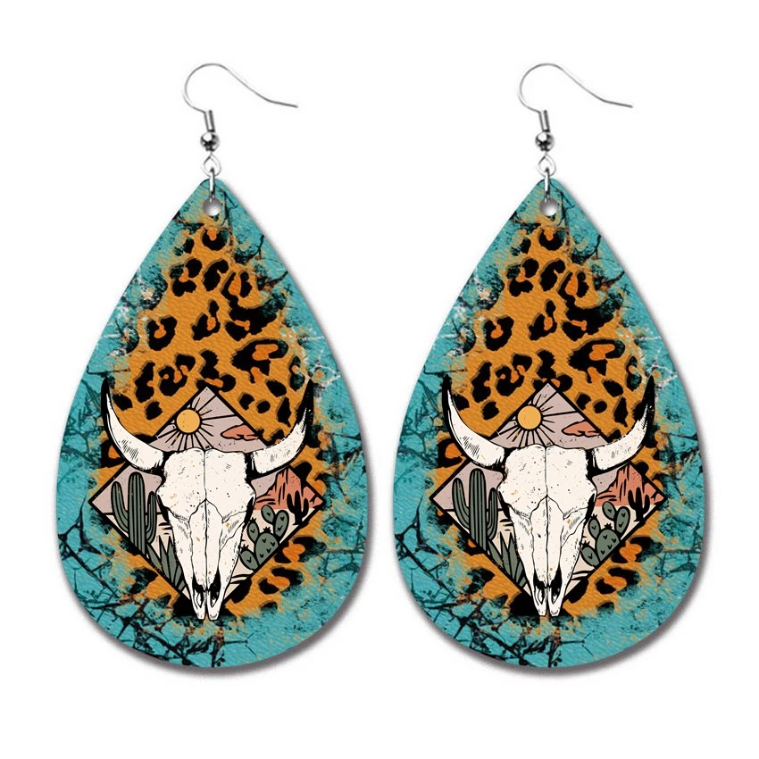 

2023 New Best Selling Boom Flower Retro Earrings Faux Lea Earrings Cow Skull Earrings For Girl Wholesale