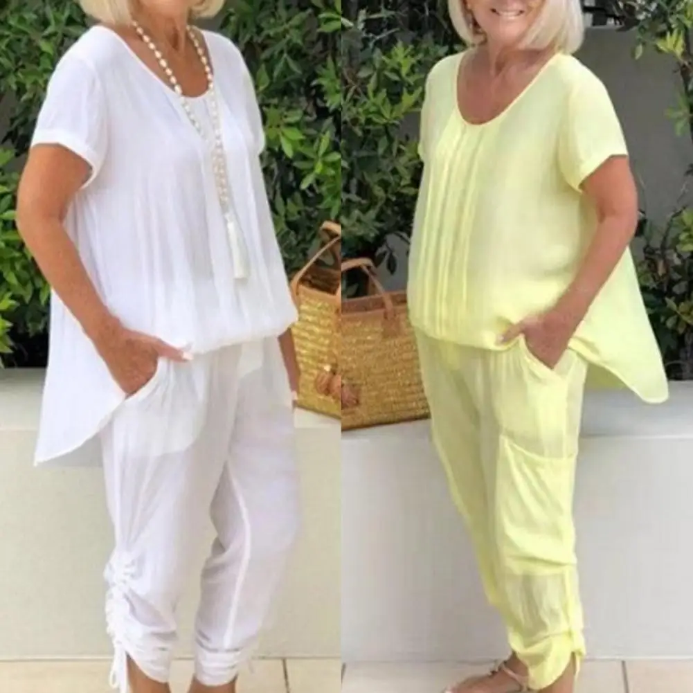 

4XL Two Pieces Women Tops Pants Set Solid Color Soft Breathable Irregular Hem Loose Type Pockets Short Sleeves Trousers Suit