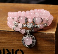 new natural pink 6mm crystal stone buddhist prayer beads bracelet silver plated fox pendant for women gifts drop shipping