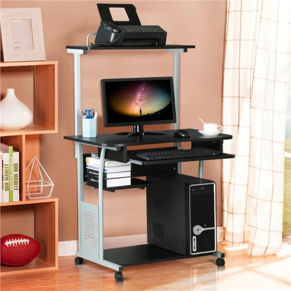 

Metal Portable Computer Desk with 4 Storage Shelves and Keyboard Tray, Black/Gray