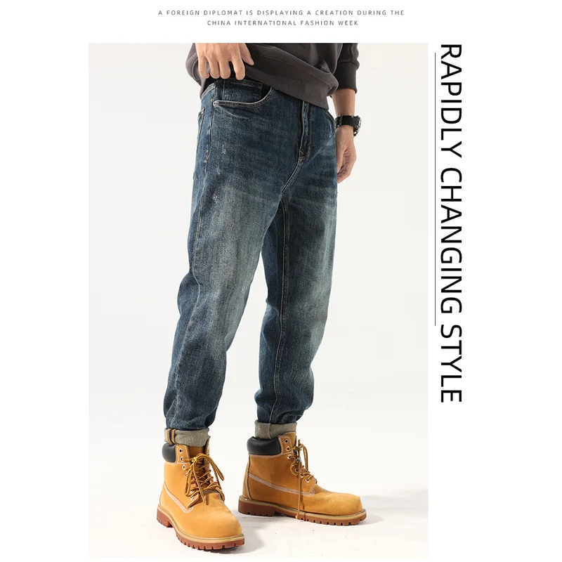 Streetwear Men Autumn and Winter New Style Straight Loose Cylinder Jeans Vintage Chaopai Comfortable Blue Harun Trousers Female