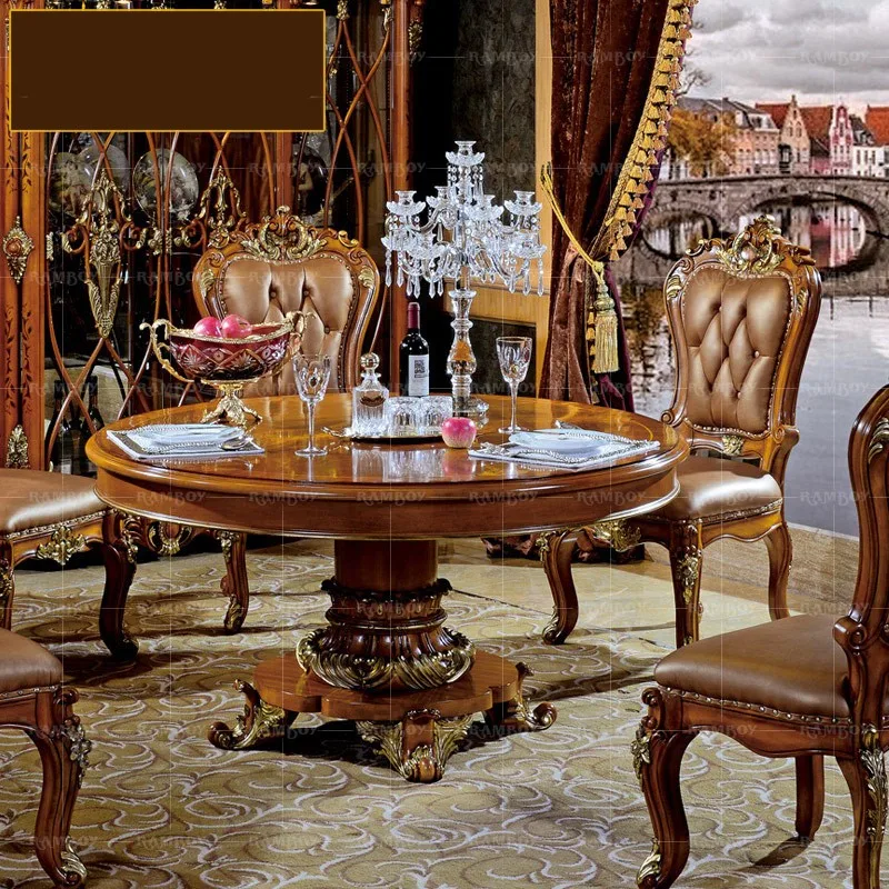 

Вилла мебель для столовой Европейский стиль обеденный стол и стул комбинированный круглый стол из массива дерева резной круглый обеденный стол