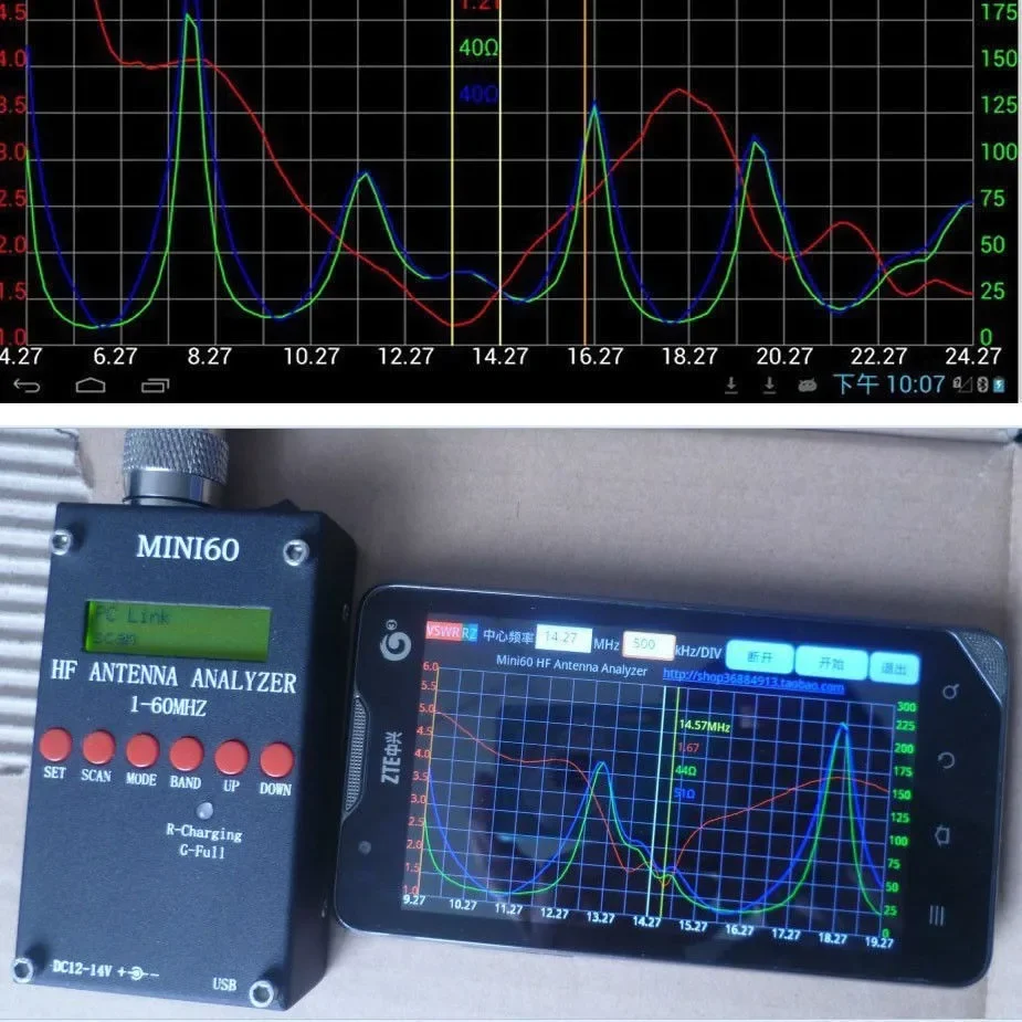 Фото Анализатор КСВ антенн Mini60 Sark100 1-60 МГц HF ANT SWR с Bluetooth, приложением для Android, аккумулятором и ПО для ПК для любителей радиолюбительского дела №3