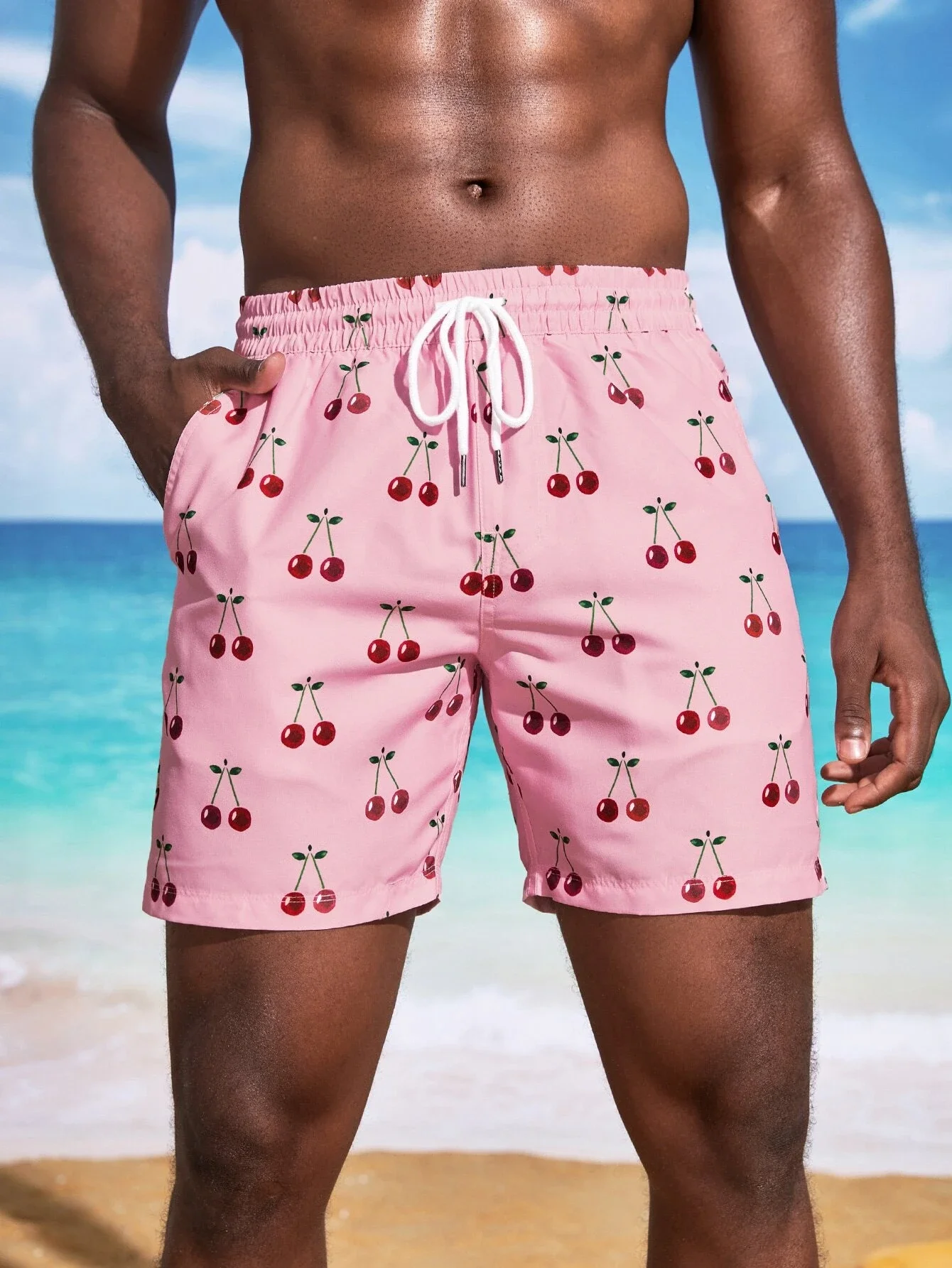 

2022 New Hot Sale Men Random Cherry Print Drawstring Waist Swim Trunks